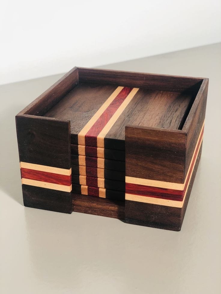 Square Minimal Wooden Coaster Set | Line Pattern | Mahogany Wood