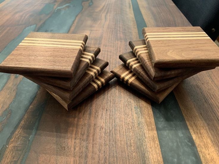 Square Minimal Wooden Coaster Set | Line Pattern | Walnut Wood
